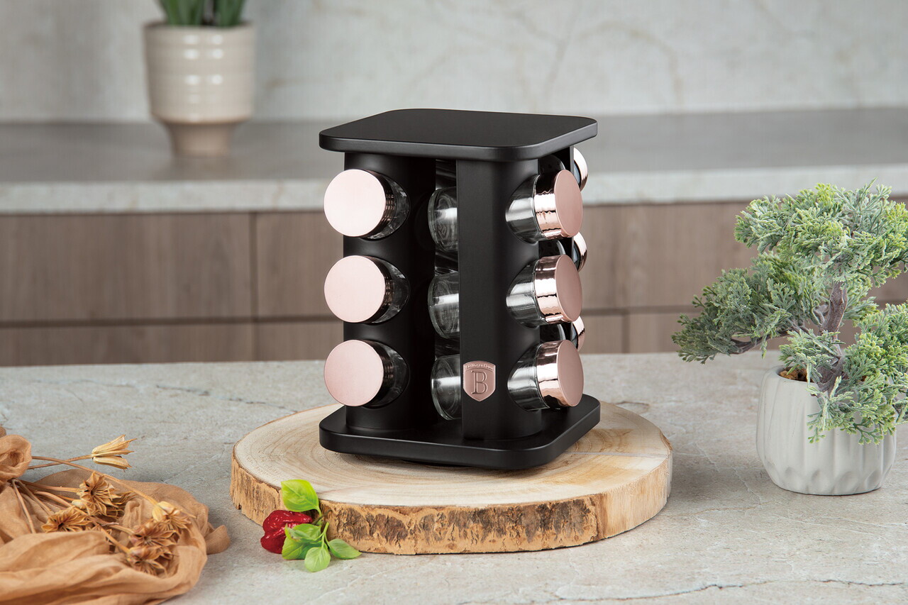 Set 12 recipiente pentru condimente si suport Berlinger Haus, Black Rose, 18x21.5 cm, 90 ml, sticla, negru/roz - imagine 6